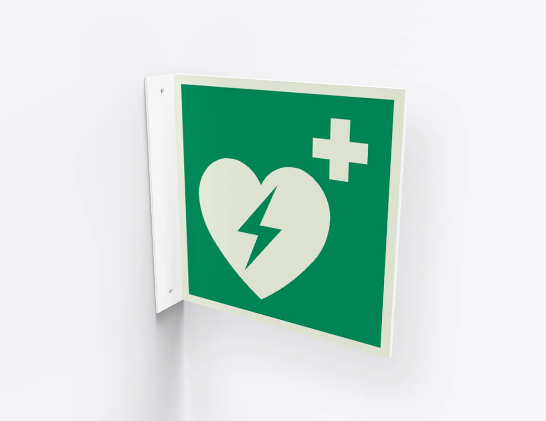 Rettungszeichen Automatisierter Externer Defibrillator – E010 – ASR / ISO, Fahnenschild, 200 x 200 mm