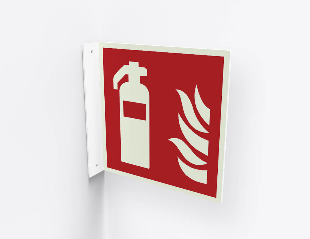 Brandschutzzeichen Feuerlöscher – F001 – ASR / ISO, Fahnenschild, 200 x 200 mm
