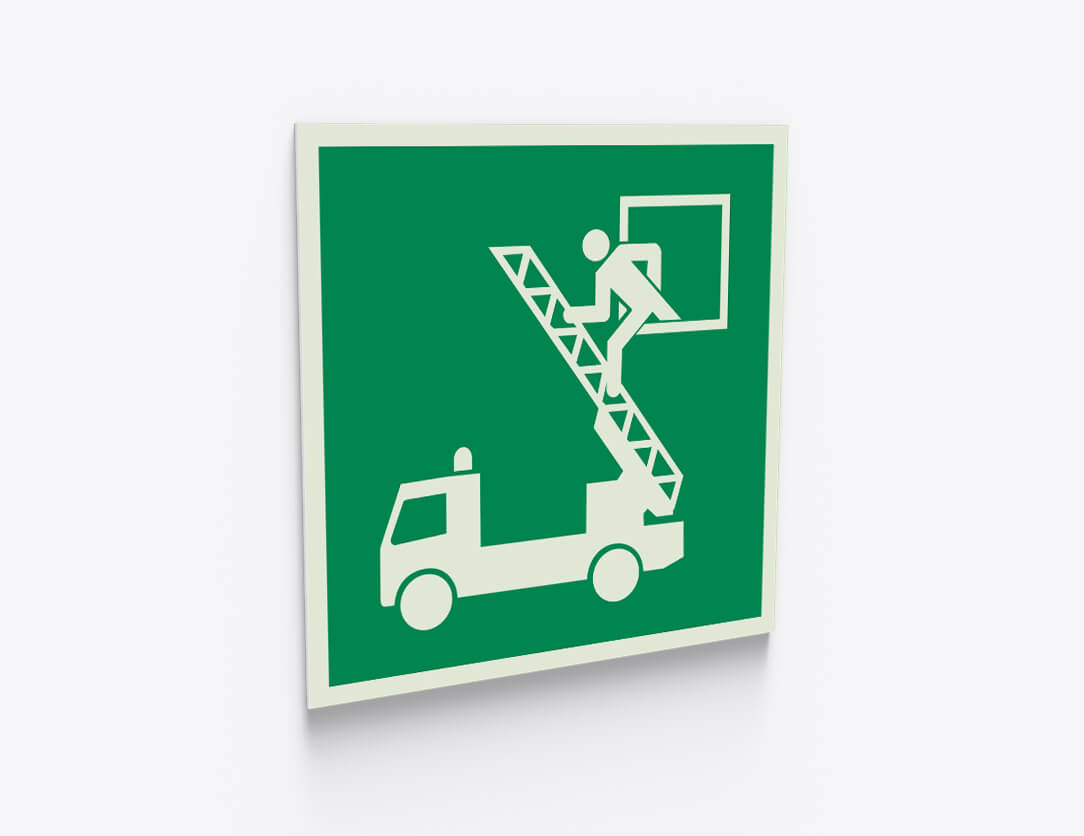 Rettungszeichen Notausstieg mit Fluchtleiter  – E016 – ASR / ISO, Kunststoff, 200 x 200 mm
